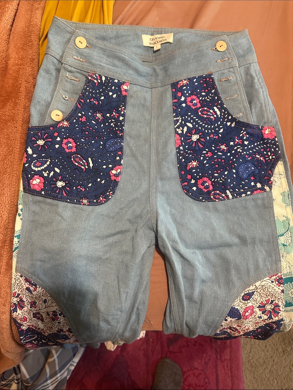 Chasing Unicorns Light Blue Patchwork Flare Jeans with Navy & Floral Accents - Picture 3 of 5